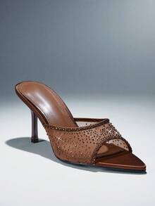 SHUZIA Women Elegant Pointy Toe Rhinestone Decor Mesh Slip-On Heel Sandals - Coffee Brown - View 7