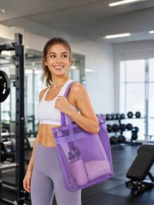 5 Colors See Through Mesh Tote Handbag Light Gray Dark Gray Dark Green Sky Blue Purple Large Capacity Lightweight Mesh Beach Student School Shopping Carry Bag - Multicolor - View 7
