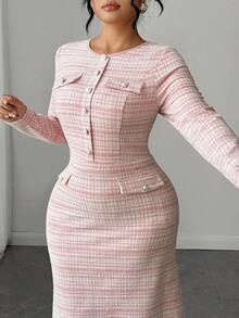 SHEIN Elenzya Plus Size Women's Knitted Elegant Business Casual Fall-Winter Dress - Pink - View 6