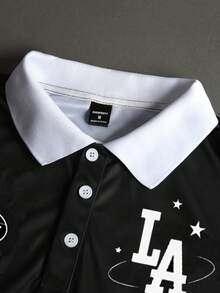 STYNVO 男士夏季休閒拼色拼接字母印花 Polo 衫 - 黑色 - 查看 3