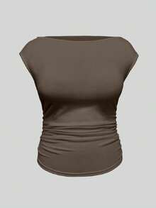 EMERY ROSE Plus Size Multipack 3 Pack Solid Boat Neck Cap Sleeve Side Ruched Slim Fitted T Shirt Women Summer Lightweight Daily Going Out Basic Top Set - Multicolor - View 4