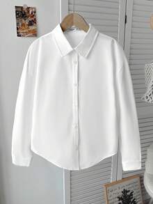 SHEIN Serisse Kids Tween 女童休闲时尚百搭纯色梭织翻领前开后开衩宽松落肩长袖白色衬衫，返校日穿 - 白色 - 查看 5