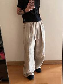 STEELVANCE Men's Drawstring Waist Striped Casual Versatile Daily Travel Long Pants - Mocha Brown - View 4