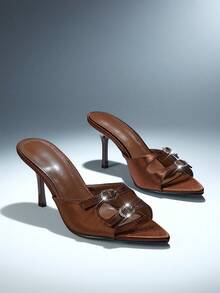 SHUZIA Women Elegant Pointy Toe Rhinestone Buckle Slip-On Heel Sandals - Coffee Brown - View 2