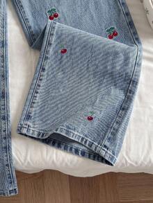 Comfortcana 女款時尚可愛櫻桃刺繡口袋寬鬆寬腿牛仔褲 - 藍色 - 查看 5