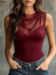 Everyssa Women's Solid Color Contrast Mesh Fitted Fashion Tank Top - Burgundy - View 1
