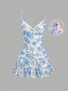 Sunnyshic Summer Vacation Mesh Printed Spaghetti Strap Dress, Sweet Girl Lace Patchwork, Suitable For Dating, Casual, Vacation And Various Occasions - Blue and White - View 3
