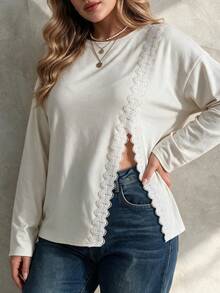 Elegantrix Blusa de mujer talla grande estilo francés elegante casual color crema blanco con encaje patchwork abertura lateral diseño holgado manga larga otoño chic brunch formal - Albaricoque - Ver 3