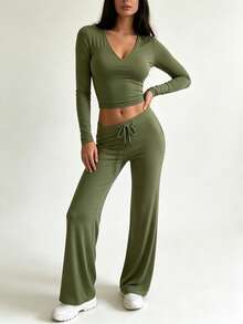 INAWLY Solva Set 2 Potong Wanita Kaos Crop Lengan Panjang Warna Polos dan Celana Longgar Pinggang Tali Serut Hijau Army Kasual Musim Gugur untuk Bersantai - Hijau Tentara - View 5