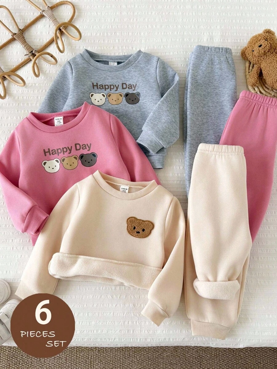 SHEIN Baby Girl Knitted Solid Color Crew Neck Bear Pattern Casual Sweatshirt & Long Pants 6pcs -Piece Set - Multicolor - View 1