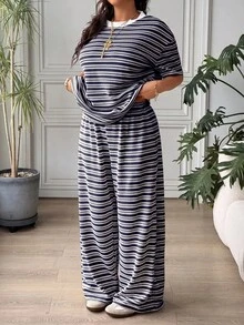 SHEIN EZwear 大尺碼女款條紋拼色短袖上衣與長褲休閒日常兩件套 - 藏蓝色 - 查看 5