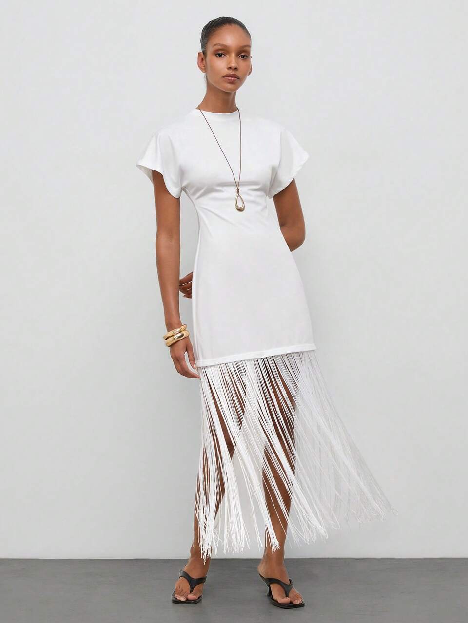 SHEIN Maija White Round Neck Batwing Sleeve Tassel Mid-Length Summer Fall Dress For Women Modern Urban Style Casual Elegant Festival Halloween Party
