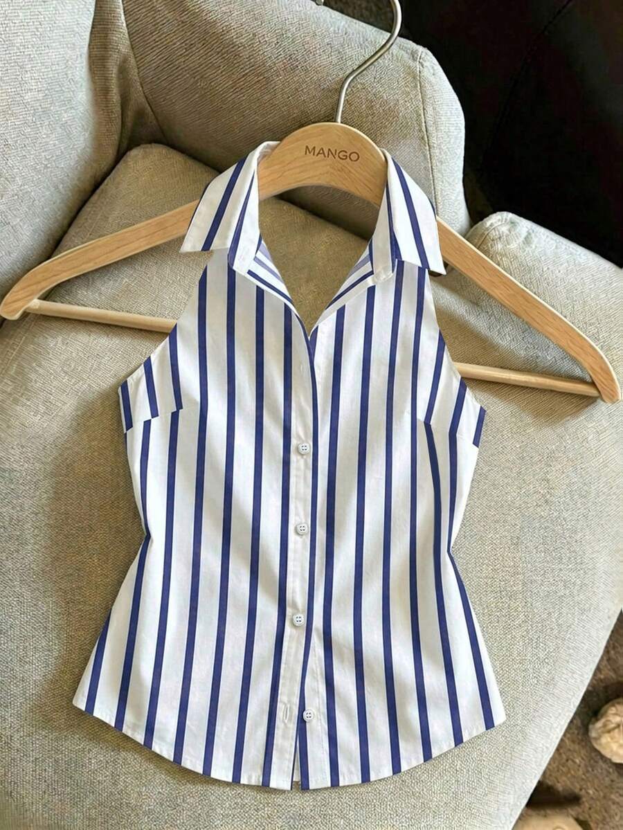 Resyla Women Shirt Collar Sleeveless Vest, Digital Print Stripe Slim Button Down Top - Multicolor - View 1