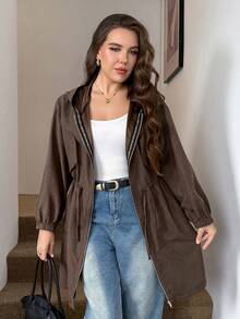 SHEIN LUNE Plus Size Plain Color Hooded Zipper Front Casual Long Sleeve Jacket Plus Size Fall Clothes - Brown - View 6