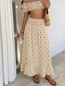 Sunnyshic Women's Spring/Summer Polka Dot Ruffle Hem Slimming Beach Casual Vacation Style Skirt - Apricot - View 6