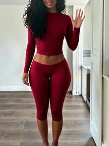 INAWLY Solva Setelan 2 Potong Wanita Lengan Panjang Warna Polos dan Legging Kasual untuk Sehari-hari - Burgundy - View 4