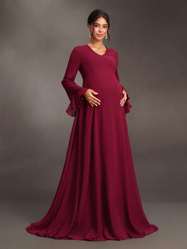 burgundy maternity dresses for photoshoot Cheriluna Women's Elegant Maternity Maternity Ruffle Bow Collar Petal Sleeve Maternity Photography Dress Autumn Fall Wedding Photoshoot Color Name:Brown Floral