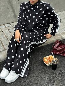 Muchica 女款大尺碼休閒波點印花夾克外套與長褲套裝，適合秋季 - 黑與白 - 查看 1