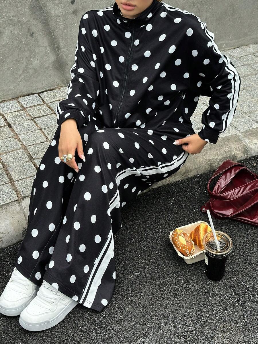 Muchica 女款大尺碼休閒波點印花夾克外套與長褲套裝,適合秋季 - 黑與白 - 查看 1