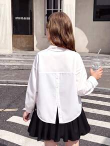 SHEIN Serisse Kids Tween 女童休闲时尚百搭纯色梭织翻领前开后开衩宽松落肩长袖白色衬衫，返校日穿 - 白色 - 查看 1