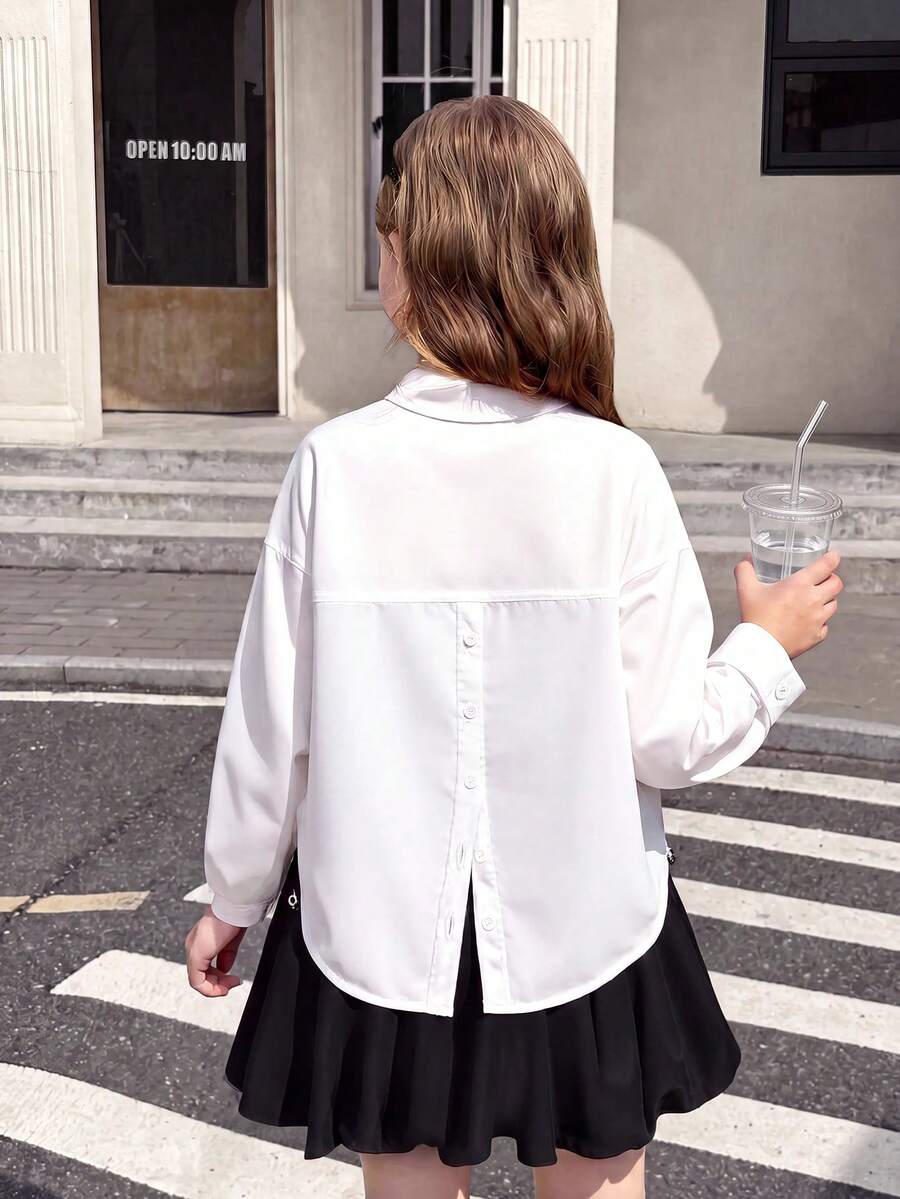 SHEIN Serisse Kids Tween 女童休闲时尚百搭纯色梭织翻领前开后开衩宽松落肩长袖白色衬衫,返校日穿 - 白色 - 查看 1