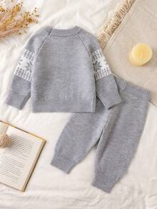 SHEIN Baby Boy Geometric Pattern Raglan Long Sleeve Sweater And Knit Pants Casual Set Autumn Fall - Multicolor - View 2
