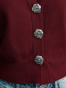 Maija Women's Solid Color Front Button Short Knit Cardigan, - Burgundy - View 7