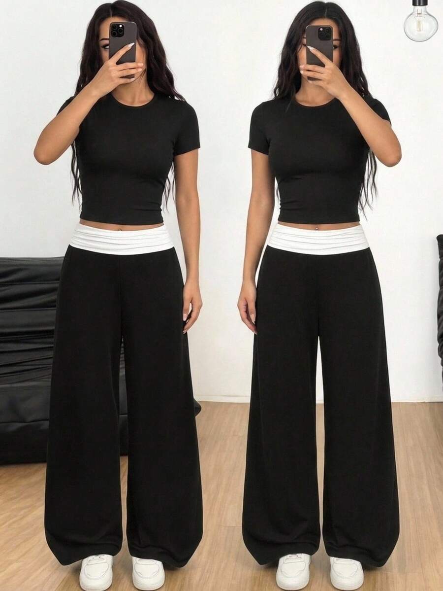 SHEIN 少女休闲运动街头风两件套,圆领短袖T恤搭配撞色腰部拼接阔腿裤,黑白配色 - 黑色 - 查看 1