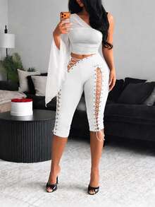 BamGleam Women's Autumn Fashion Asymmetric Cape Sleeve T-Shirt Club Night White Sexy - White - View 8