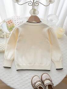 SHEIN 4-8歲女童米色圓領泡泡袖針織毛衣，黑色蝴蝶結刺繡、白色飾邊羅紋袖口套頭上衣，娃娃公主風秋季款 - 杏色 - 查看 3
