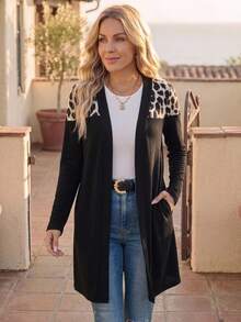EMERY ROSE Leopard Print Open Front Coat In Fall/Winter - Black - View 7