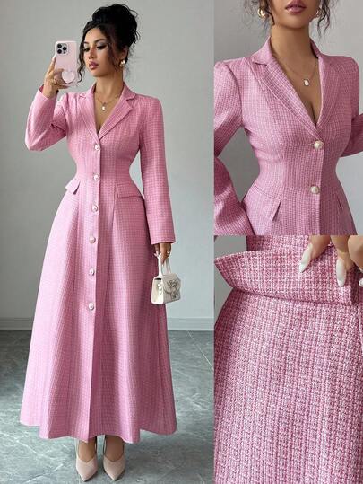 Elenzga New Women's Long Sleeve Collar Tweed Dress With Faux Pockets, Open Front Design, A-Line Long Length, Autumn/Winter Holiday Casual Daily Versatile Young Elegant Sophisticated Dress