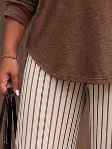 SHEIN LUNE New Plus Size Women's Fashion Casual Versatile V-Neck Coffee-Colored Striped Long Sleeve Pants Set - Multicolor - View 3