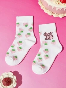 Strawberry Shortcake X SHEIN 2-Pack Cotton Soft, Breathable And Moisture-Absorbing Children's Medium Tube Socks, Cute Cartoon Pattern, Reinforced Toes And Heel, Durable, Unisex, S - White - View 4