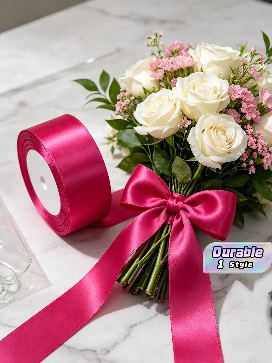 5 Rolls / 10 Rolls 4cm Wide 22.8m Length Fuchsia Glossy Polyester Satin Ribbon, Shiny Gift-Wrapping Ribbon For Bouquet, Gift Box, Wedding, Holiday Party, DIY Bow, Hair Accessories & Handmade Crafts - Rose red - View 1