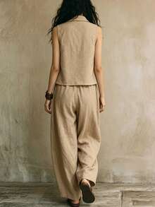 SHEIN Holidaya 卡其色竹紋領口收腰開衩口袋女款兩件套，海島度假女款兩件套，度假穿搭，通勤穿著，沙灘穿著 - 卡其色 - 查看 3