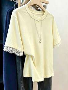 Women's Lace Patchwork Casual Lacey Versatile Daily Short Sleeve T-Shirt Brunch White Summer - Yellow - View 3