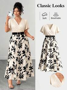 Elenzga Abito estivo elegante da donna taglie forti per il pendolarismo, scollo a V, maniche corte, color block, vita stretta, linea ad A - Albicocca - Visualizzare 1
