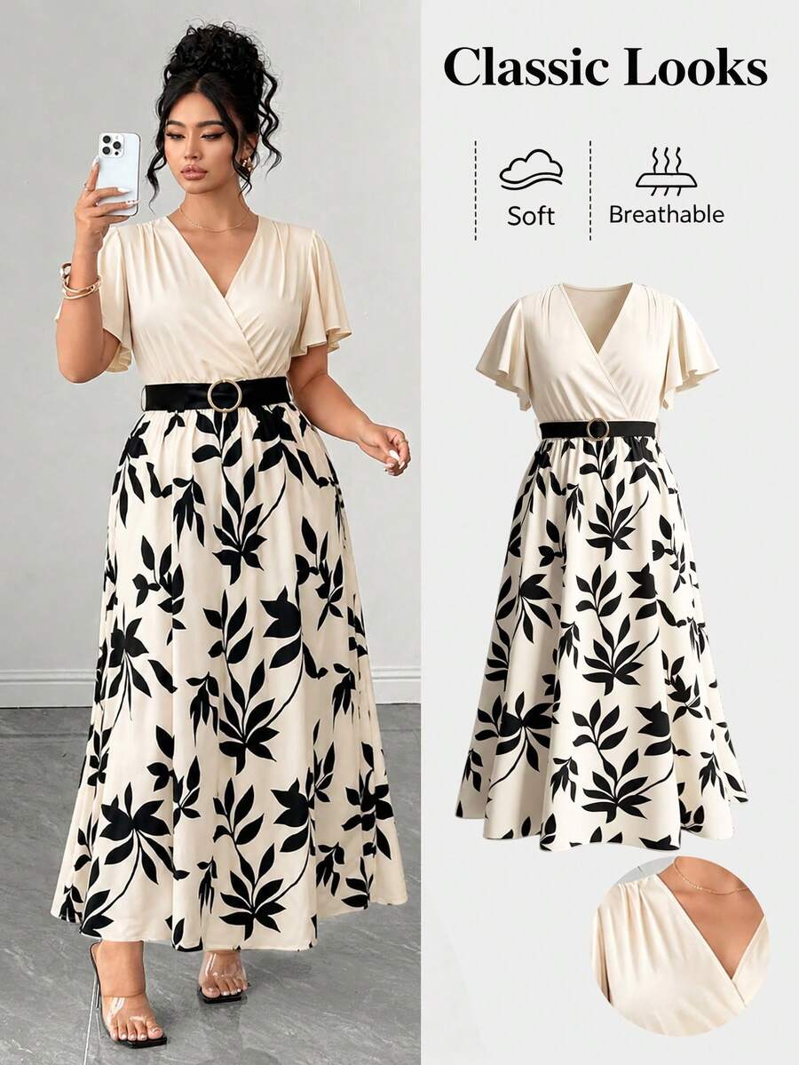 Elenzga Abito estivo elegante da donna taglie forti per il pendolarismo, scollo a V, maniche corte, color block, vita stretta, linea ad A - Albicocca - Visualizzare 1