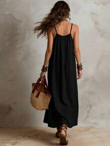Solivie Women's Solid Color Pleated Casual Spaghetti Strap Dress For Vacation - Black - View 2