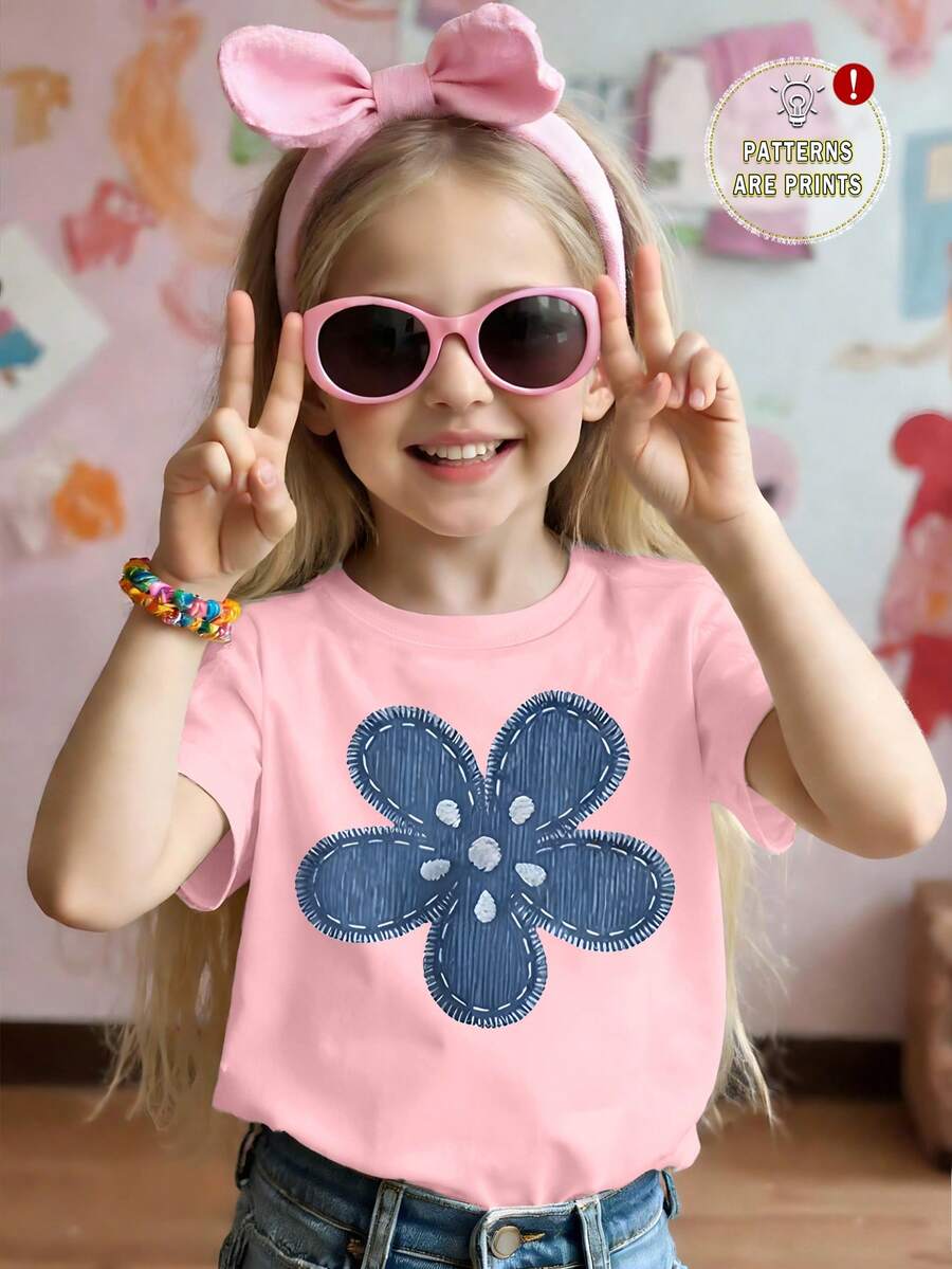 Elladie kids 春夏女生休闲时尚创意个性清新可爱简约蓝色牛仔碎花印花休闲度假风基础款粉色短款T恤,舒适日常穿着,适合春、夏、秋季穿着。 - 粉色 - 查看 1