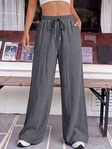 SHEIN EZwear 男士抽繩腰寬腿寬鬆休閒灰色梭織長褲 - 灰色 - 查看 6