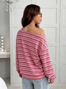SHEIN EZwear 女款不對稱單肩寬鬆休閒極簡日常百搭派對聚會機場穿搭 Y2K 上衣，玫瑰粉條紋，女款夏季穿搭，戶外穿搭 - 彩色 - 查看 2