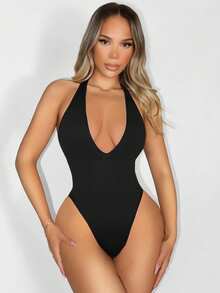 Sirith Body sin costuras de cuello en V profundo de punto - Negro - Ver 3