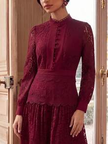 Anewsta Women's Summer Lace Long Sleeve Elegant Mid-Length A-Line Red Burgundy Dress - Red - View 6