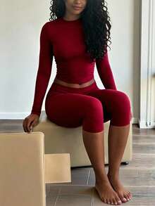 INAWLY Solva Setelan 2 Potong Wanita Lengan Panjang Warna Polos dan Legging Kasual untuk Sehari-hari - Burgundy - View 6