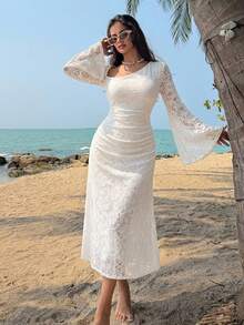 DAZY Women's Elegant Lace Asymmetric Ruched Long Dress, Spring/Summer Sundress - White - View 5