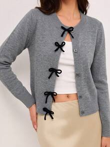 SHEIN Orluneo 女士蝴蝶结纽扣长袖针织开衫，秋冬款 - 灰色 - 查看 7