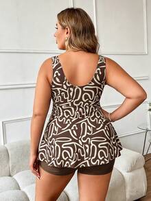 Swim Lushoire Plus Size Full Print V-Neck Swimdress With Solid Color Shorts Swimsuit Set Vacation Beige Summer - Coffee Brown - View 2