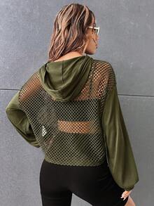 SHEIN EZwear 深綠色夏季健身房運動休閒風落肩抽繩網紗連帽衫，不含內搭背心，寬鬆低腰設計 - 軍綠色 - 查看 2
